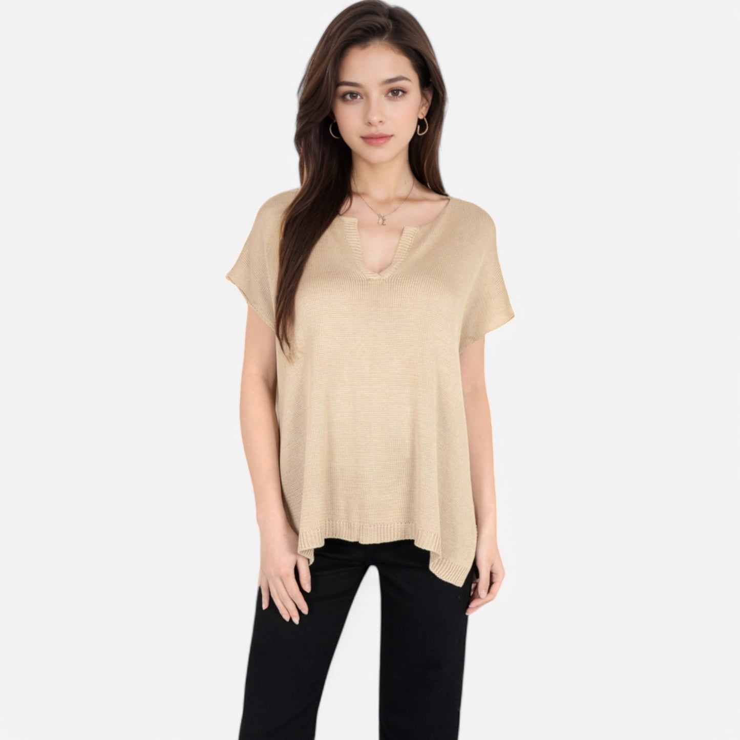 V-Neck Knit Top with Short Sleeves and Relaxed Fit