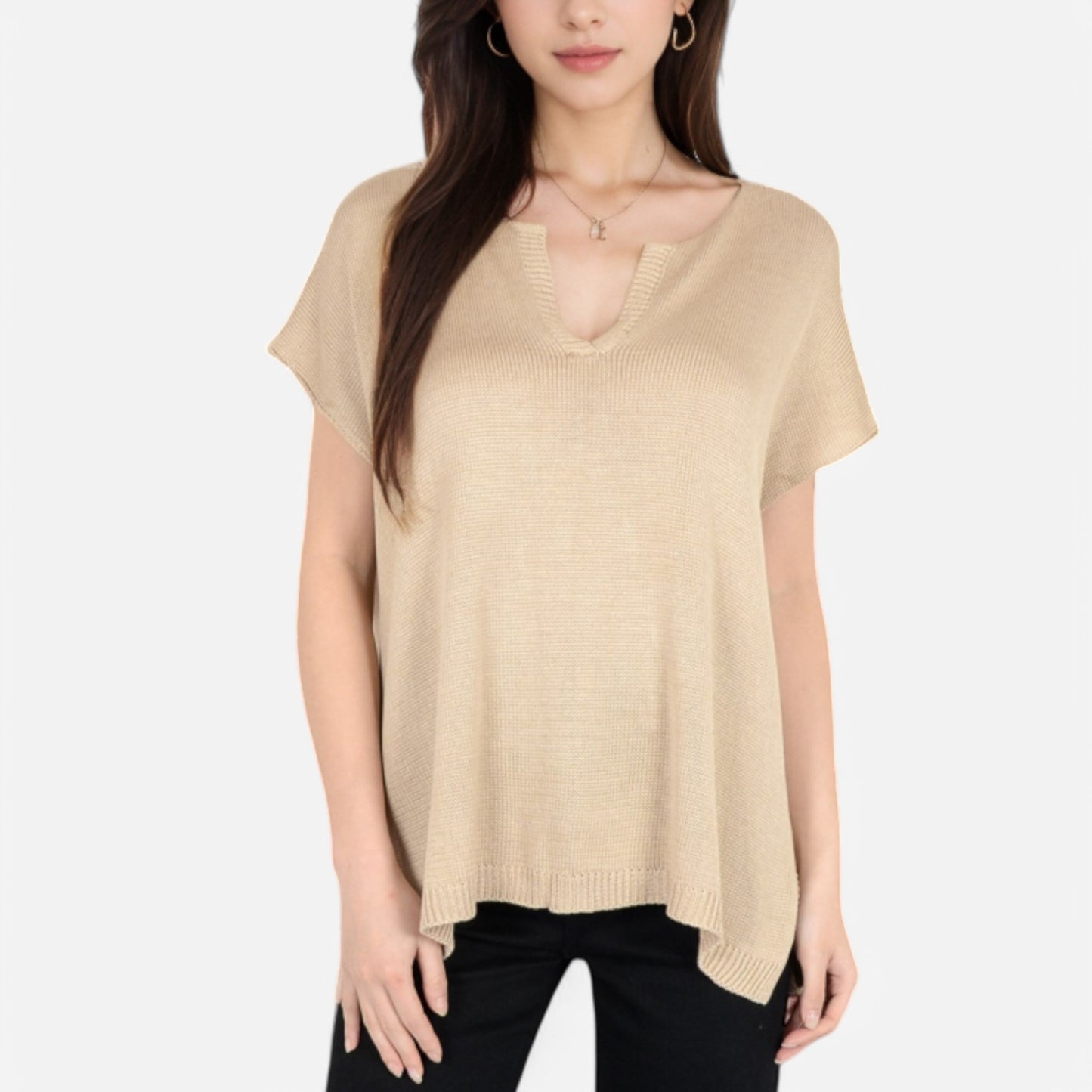 V-Neck Knit Top with Short Sleeves and Relaxed Fit