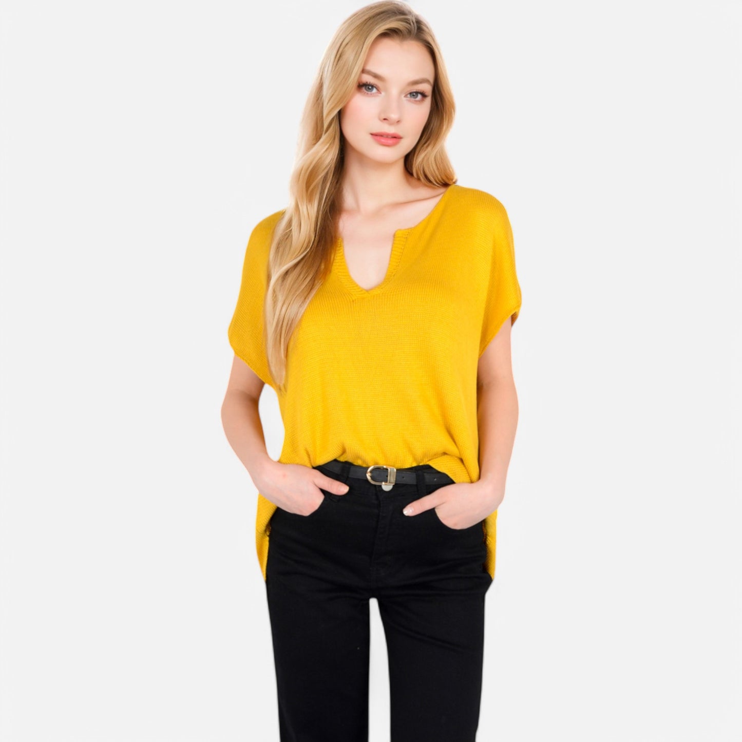 V-Neck Knit Top with Short Sleeves and Relaxed Fit