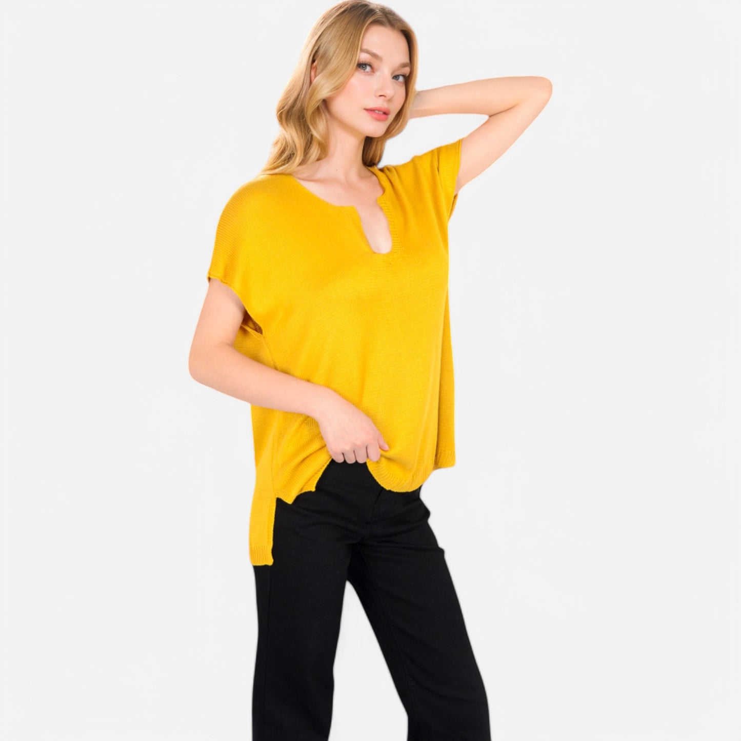 V-Neck Knit Top with Short Sleeves and Relaxed Fit