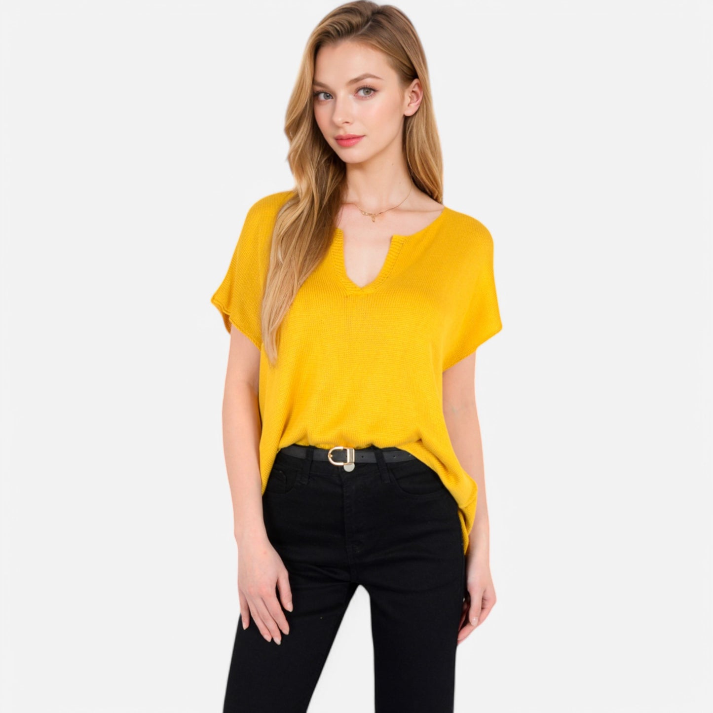 V-Neck Knit Top with Short Sleeves and Relaxed Fit