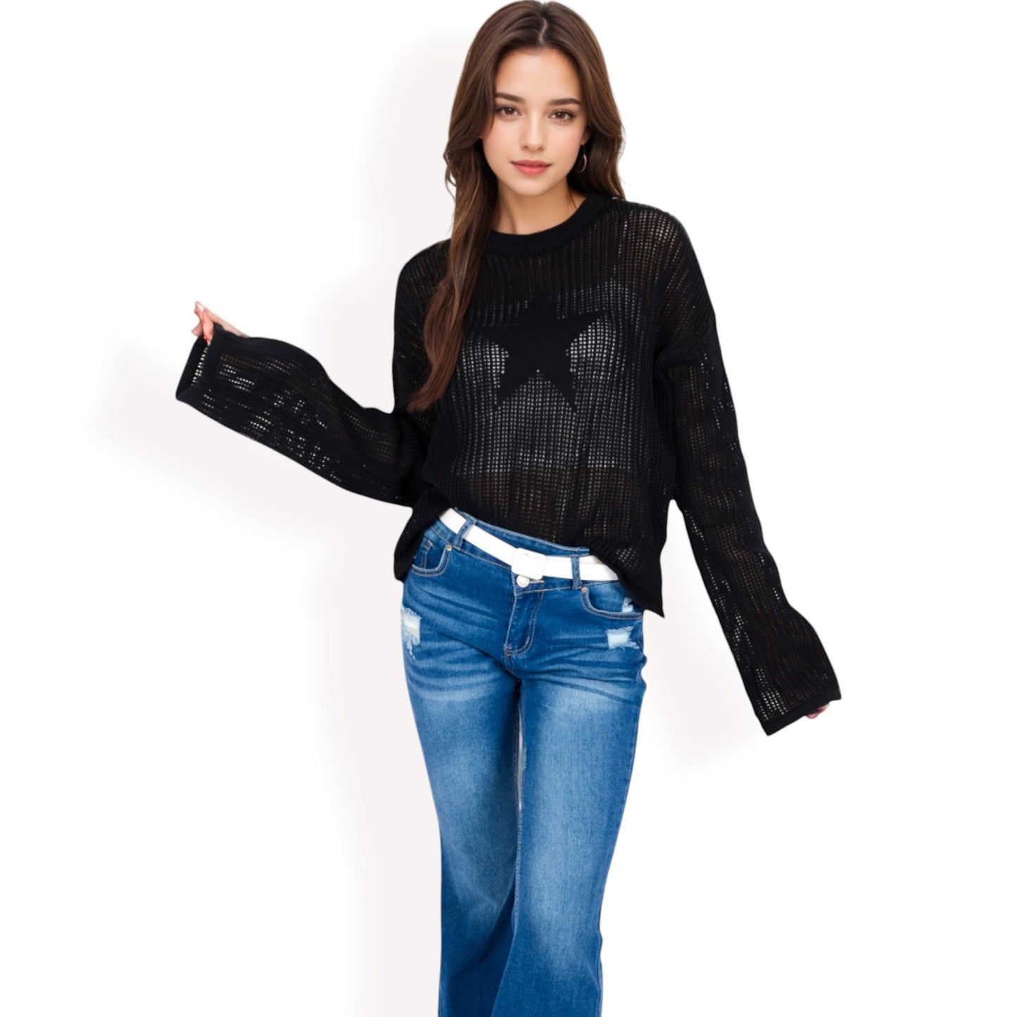Oversized Star Cutout Knit Pullover Sweater with Drop Shoulder Design