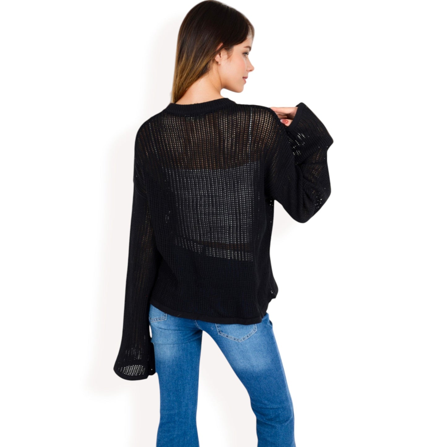 Oversized Star Cutout Knit Pullover Sweater with Drop Shoulder Design