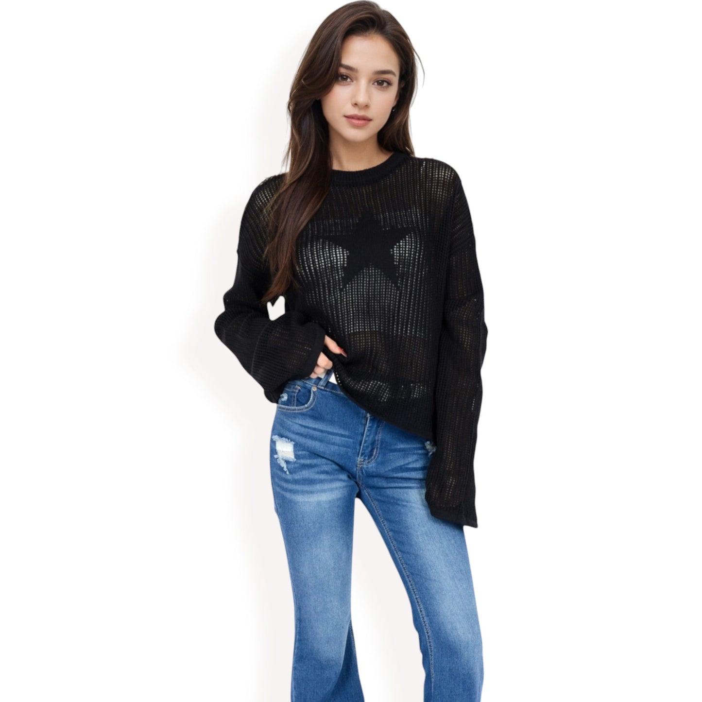 Oversized Star Cutout Knit Pullover Sweater with Drop Shoulder Design