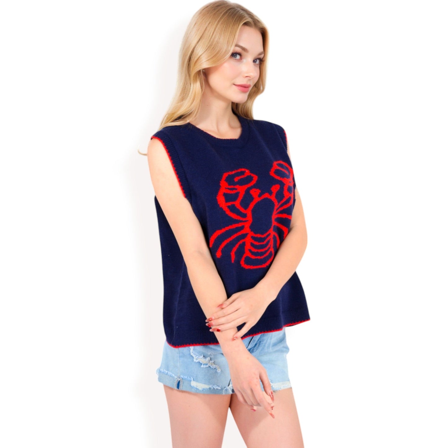 Cherry Embroidered Knit Sleeveless Sweater Vest with Ribbed Trim
