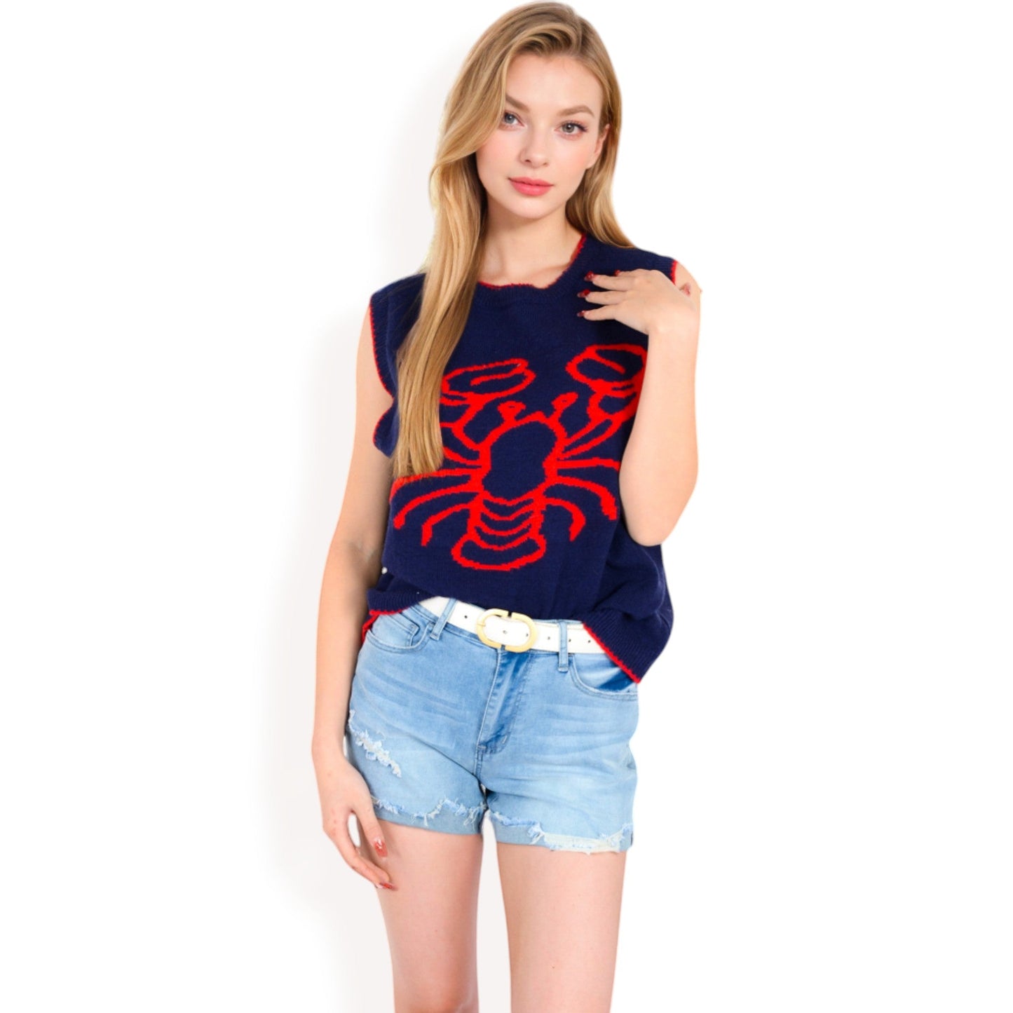 Cherry Embroidered Knit Sleeveless Sweater Vest with Ribbed Trim