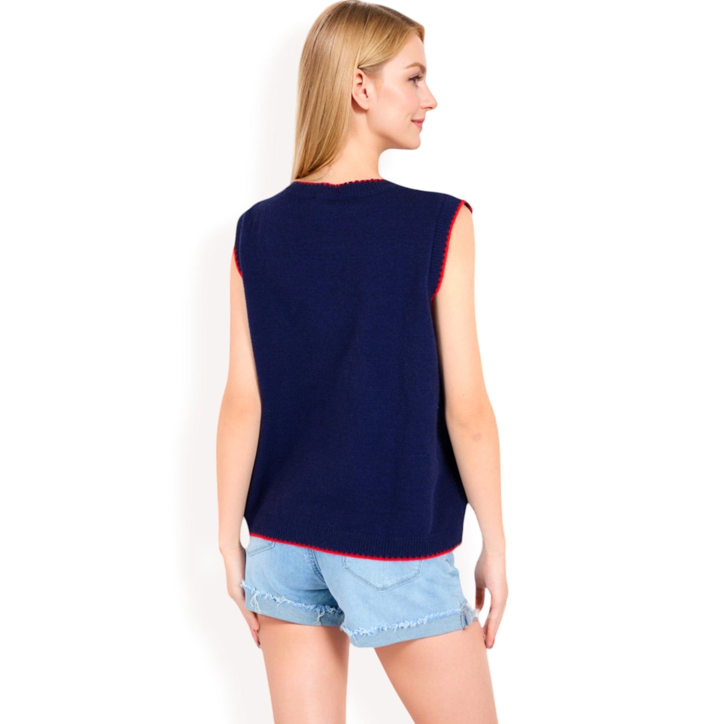 Cherry Embroidered Knit Sleeveless Sweater Vest with Ribbed Trim