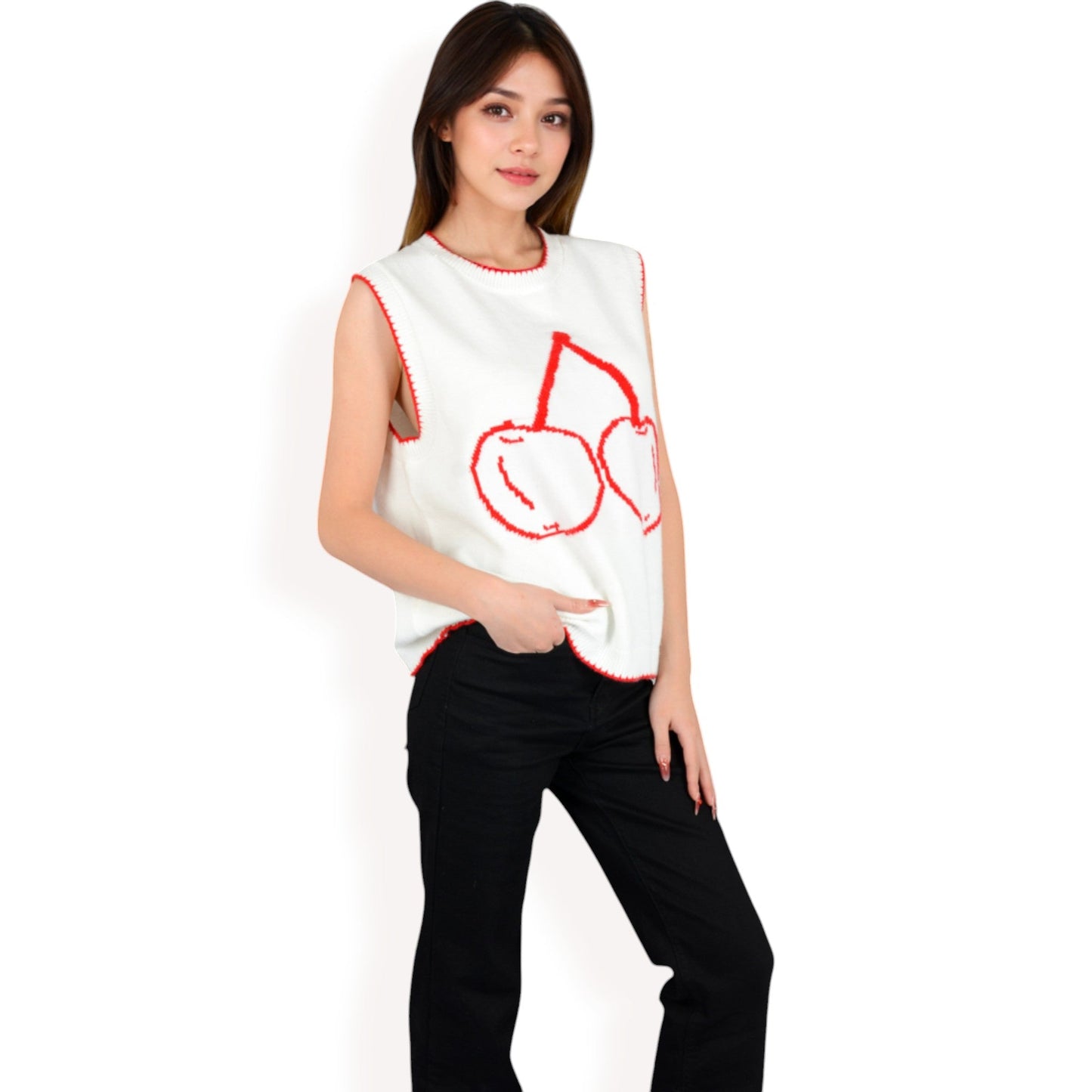 Cherry Embroidered Knit Sleeveless Sweater Vest with Ribbed Trim