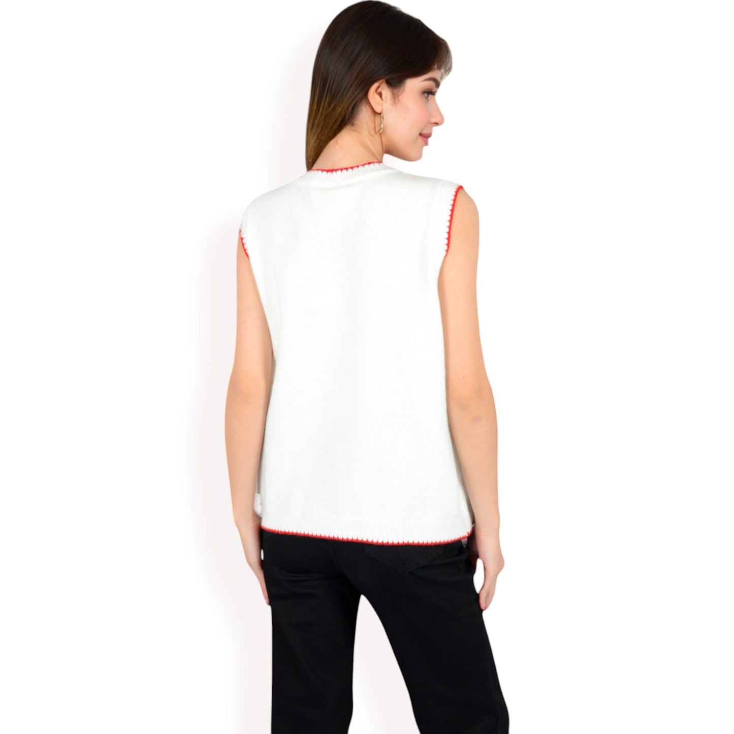 Cherry Embroidered Knit Sleeveless Sweater Vest with Ribbed Trim