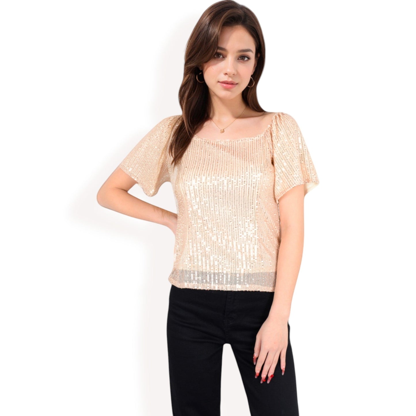 Short Sleeve Square Neck Sequin Top for Special Occasions