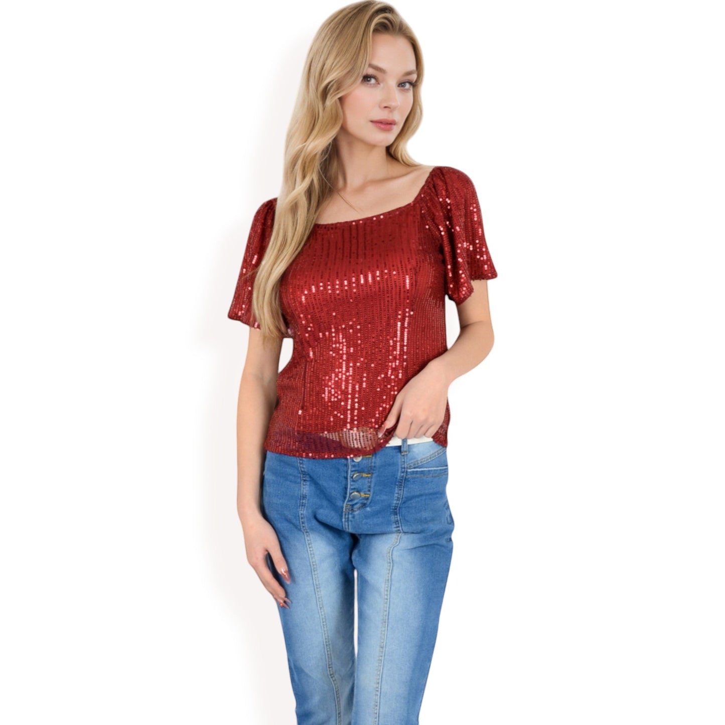 Short Sleeve Square Neck Sequin Top for Special Occasions