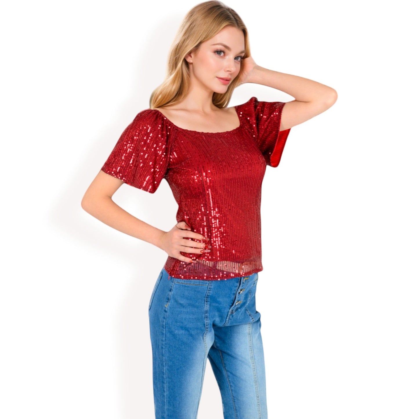 Short Sleeve Square Neck Sequin Top for Special Occasions