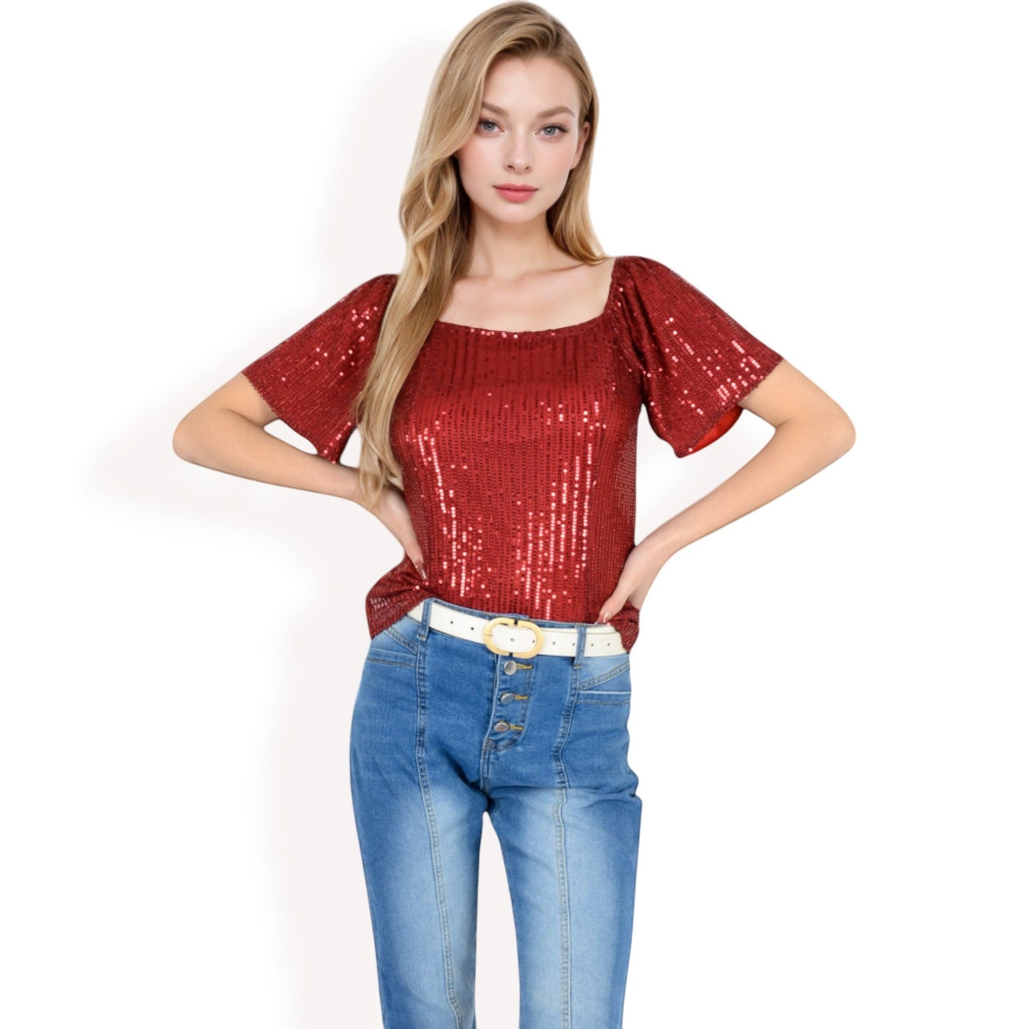 Short Sleeve Square Neck Sequin Top for Special Occasions