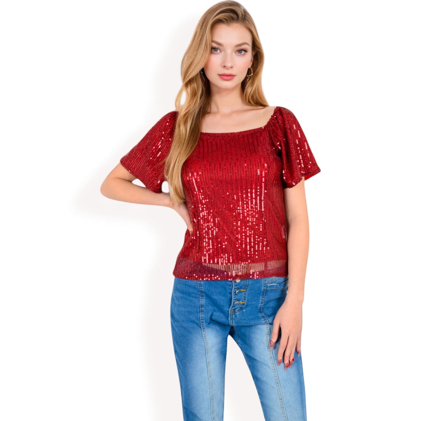 Short Sleeve Square Neck Sequin Top for Special Occasions