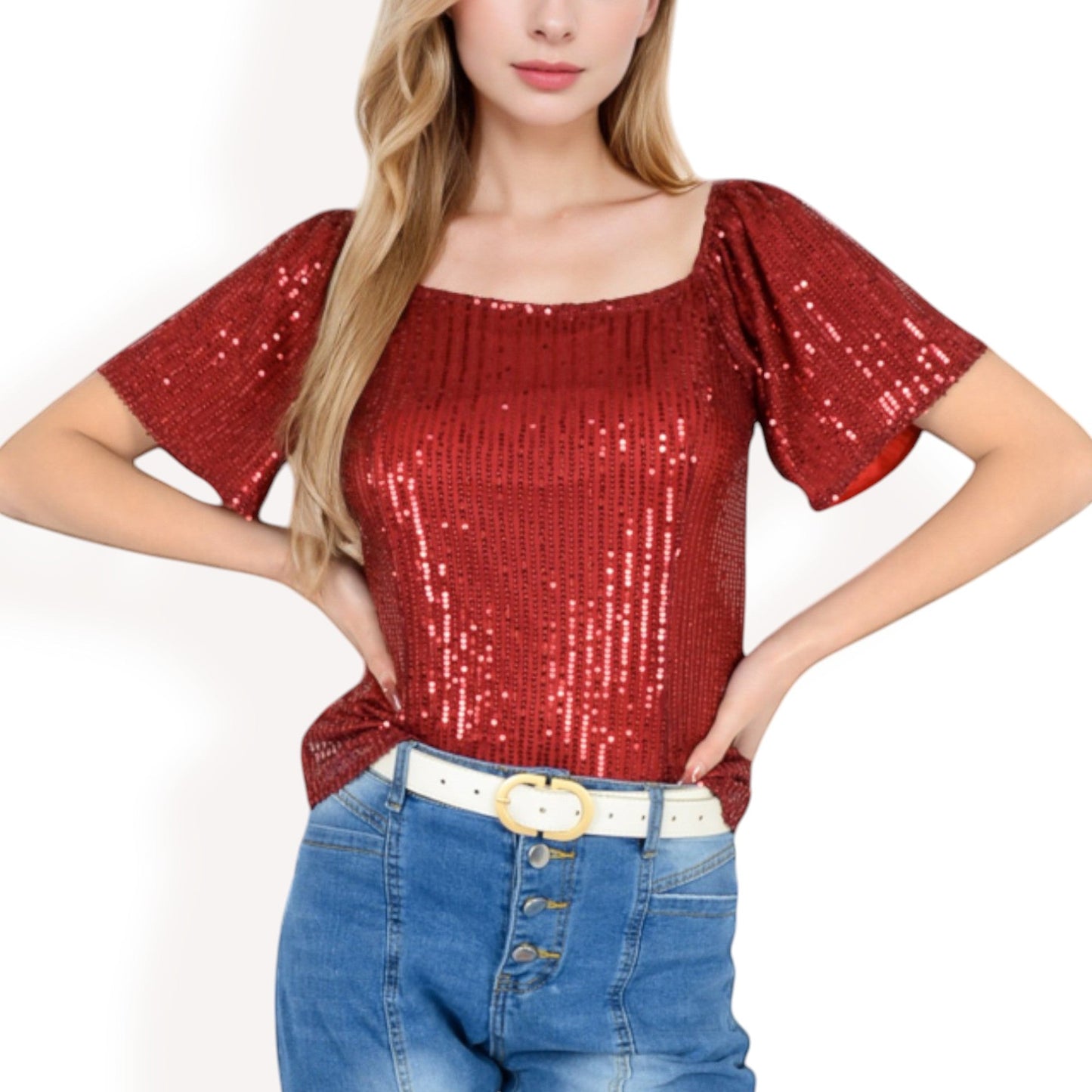 Short Sleeve Square Neck Sequin Top for Special Occasions