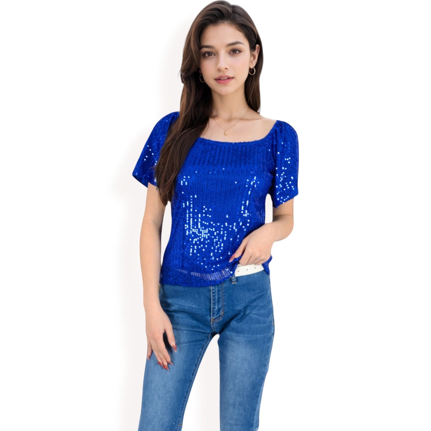 Short Sleeve Square Neck Sequin Top for Special Occasions