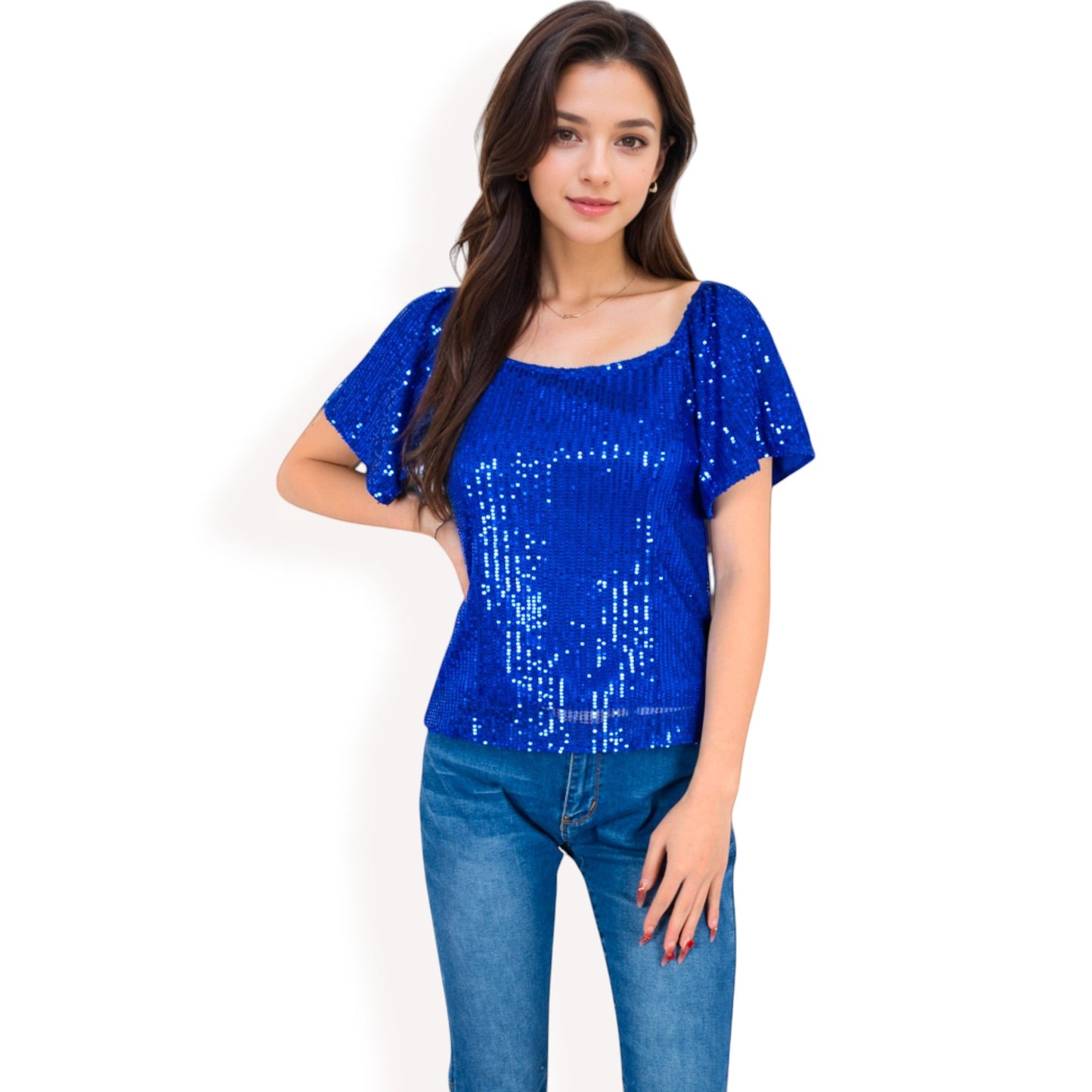 Short Sleeve Square Neck Sequin Top for Special Occasions