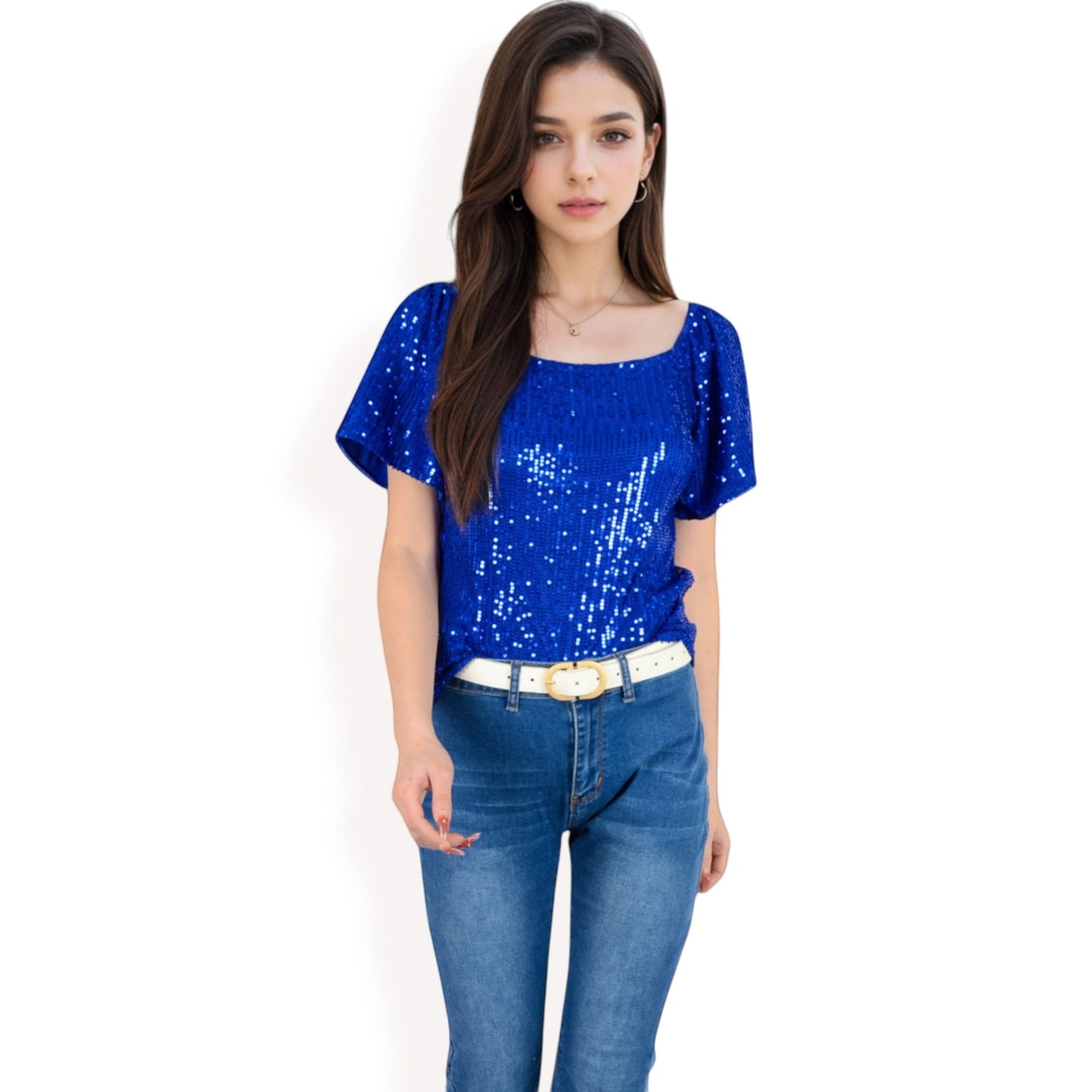 Short Sleeve Square Neck Sequin Top for Special Occasions