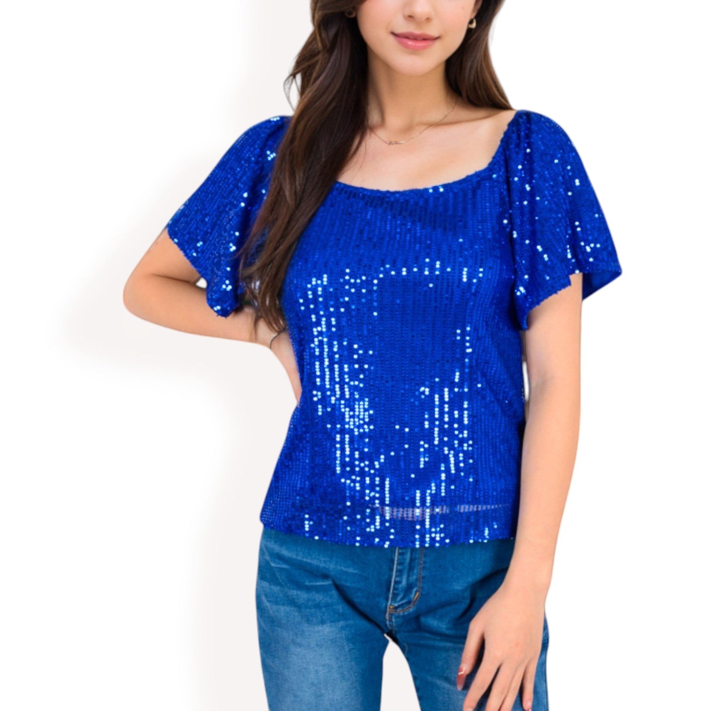 Short Sleeve Square Neck Sequin Top for Special Occasions