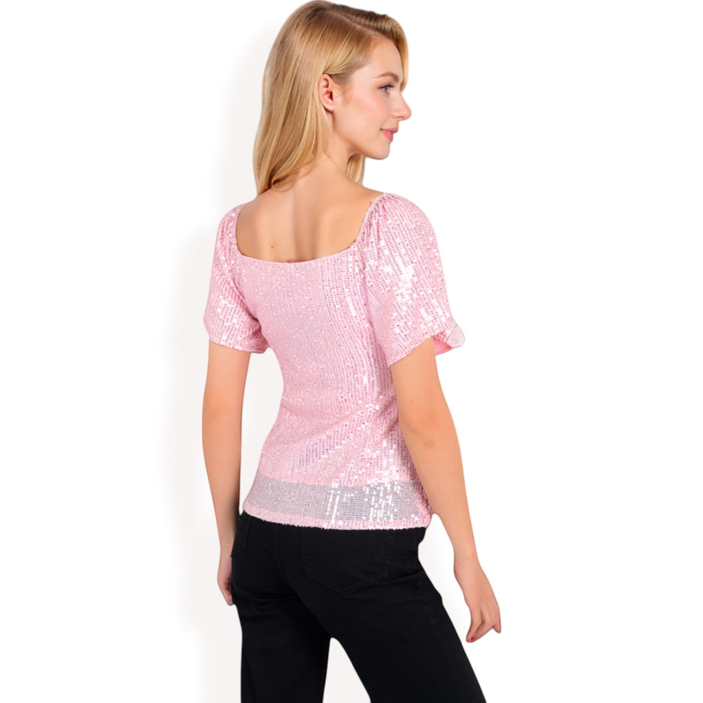 Short Sleeve Square Neck Sequin Top for Special Occasions