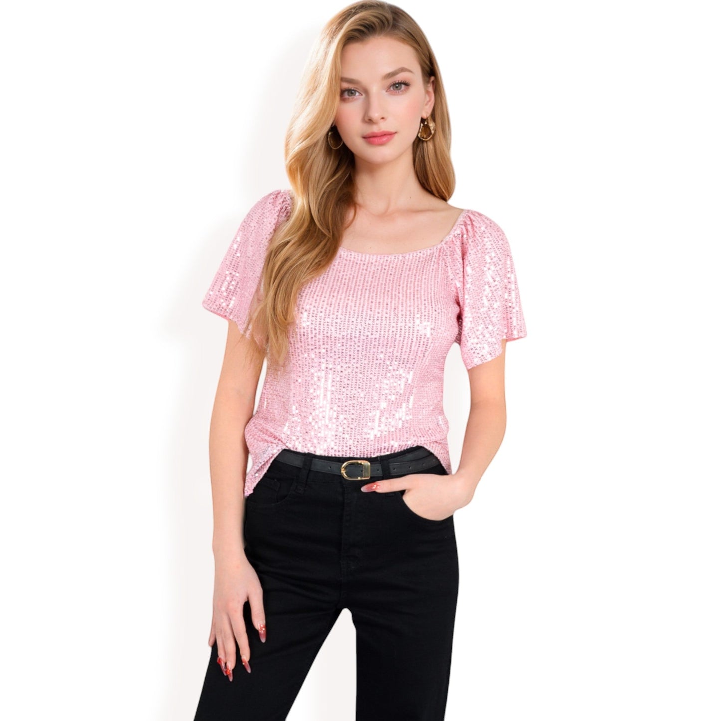 Short Sleeve Square Neck Sequin Top for Special Occasions