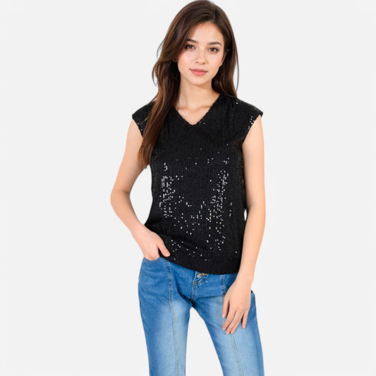 Sequin V-Neck Top with Cap Sleeves and Relaxed Fit