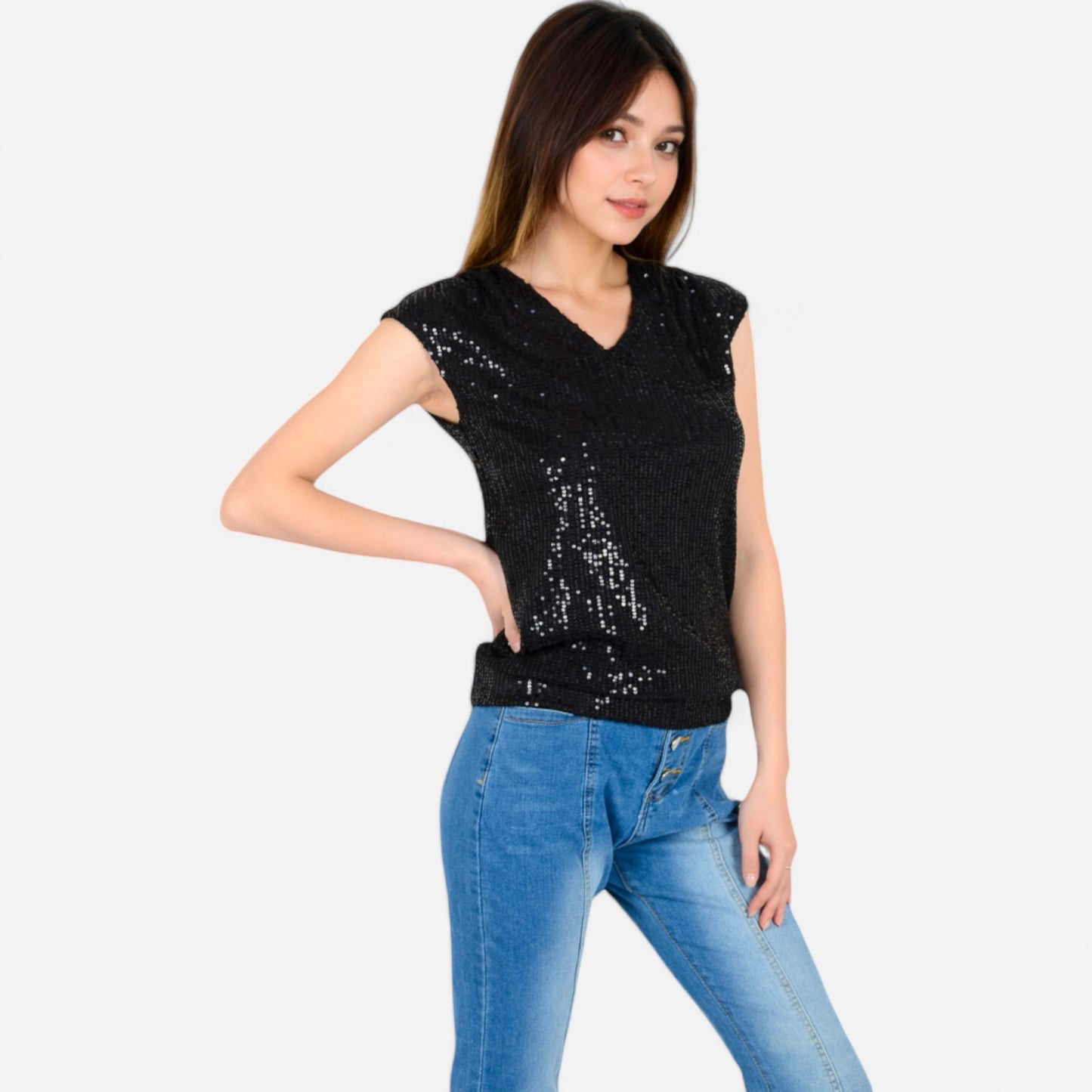 Sequin V-Neck Top with Cap Sleeves and Relaxed Fit