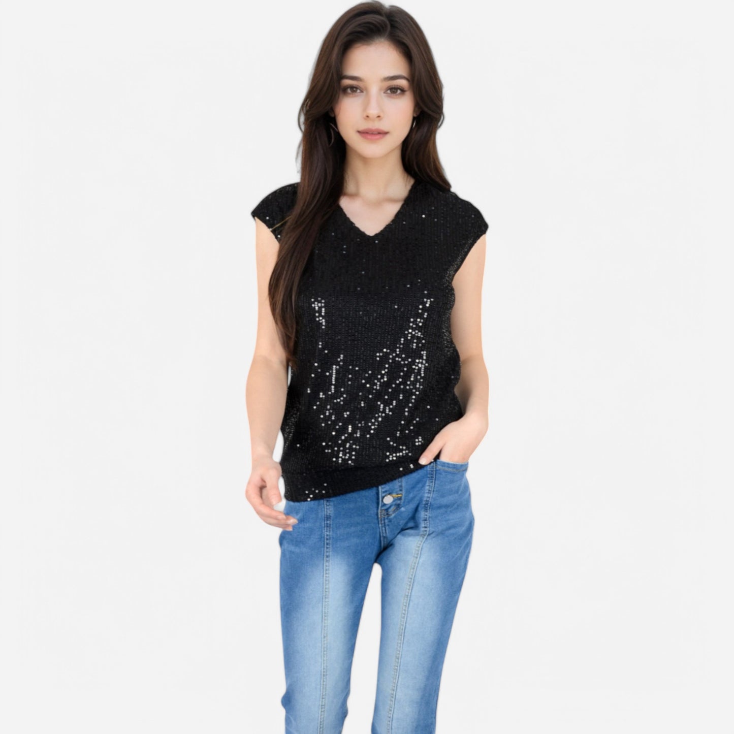 Sequin V-Neck Top with Cap Sleeves and Relaxed Fit
