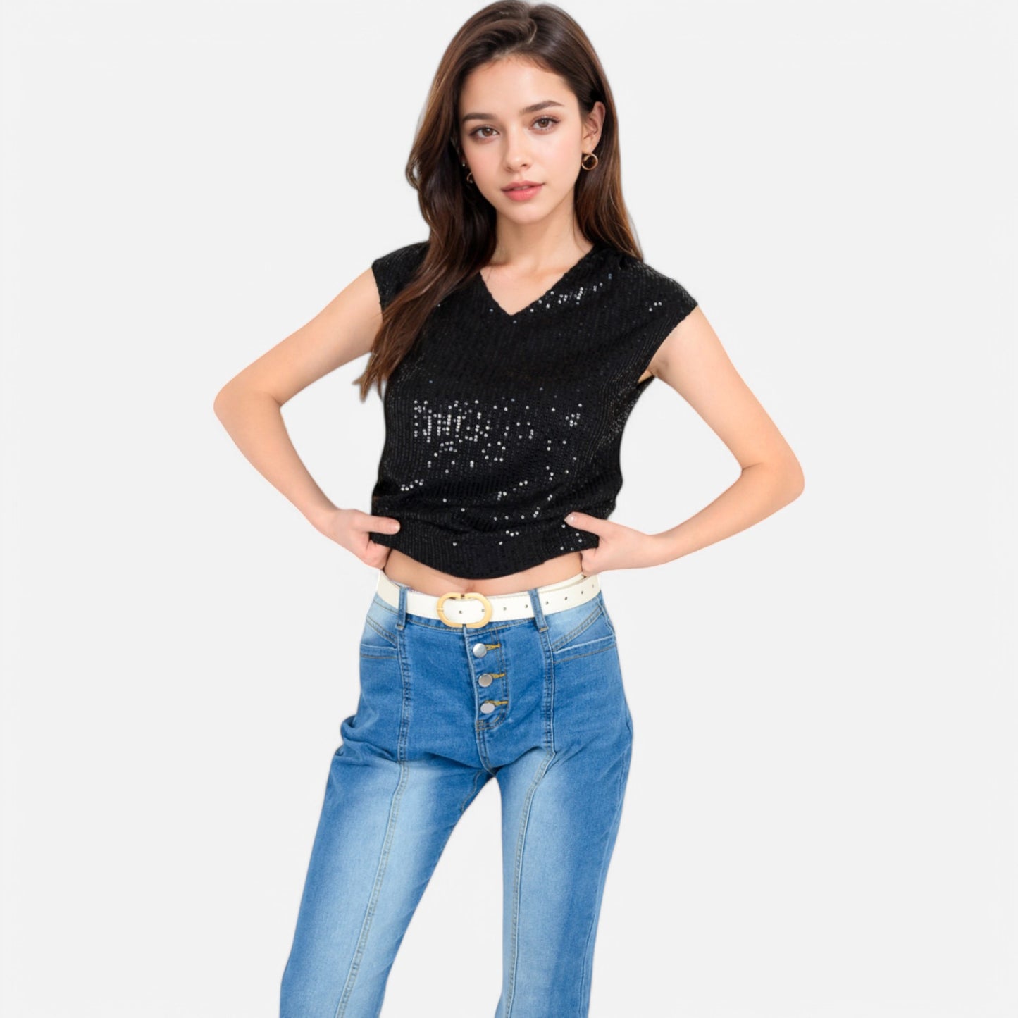 Sequin V-Neck Top with Cap Sleeves and Relaxed Fit