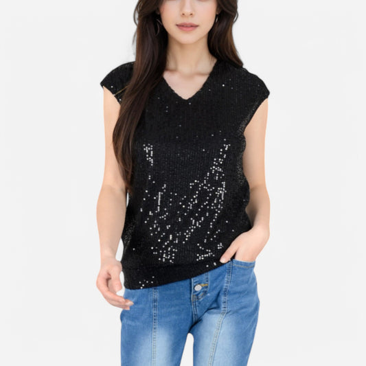 Sequin V-Neck Top with Cap Sleeves and Relaxed Fit