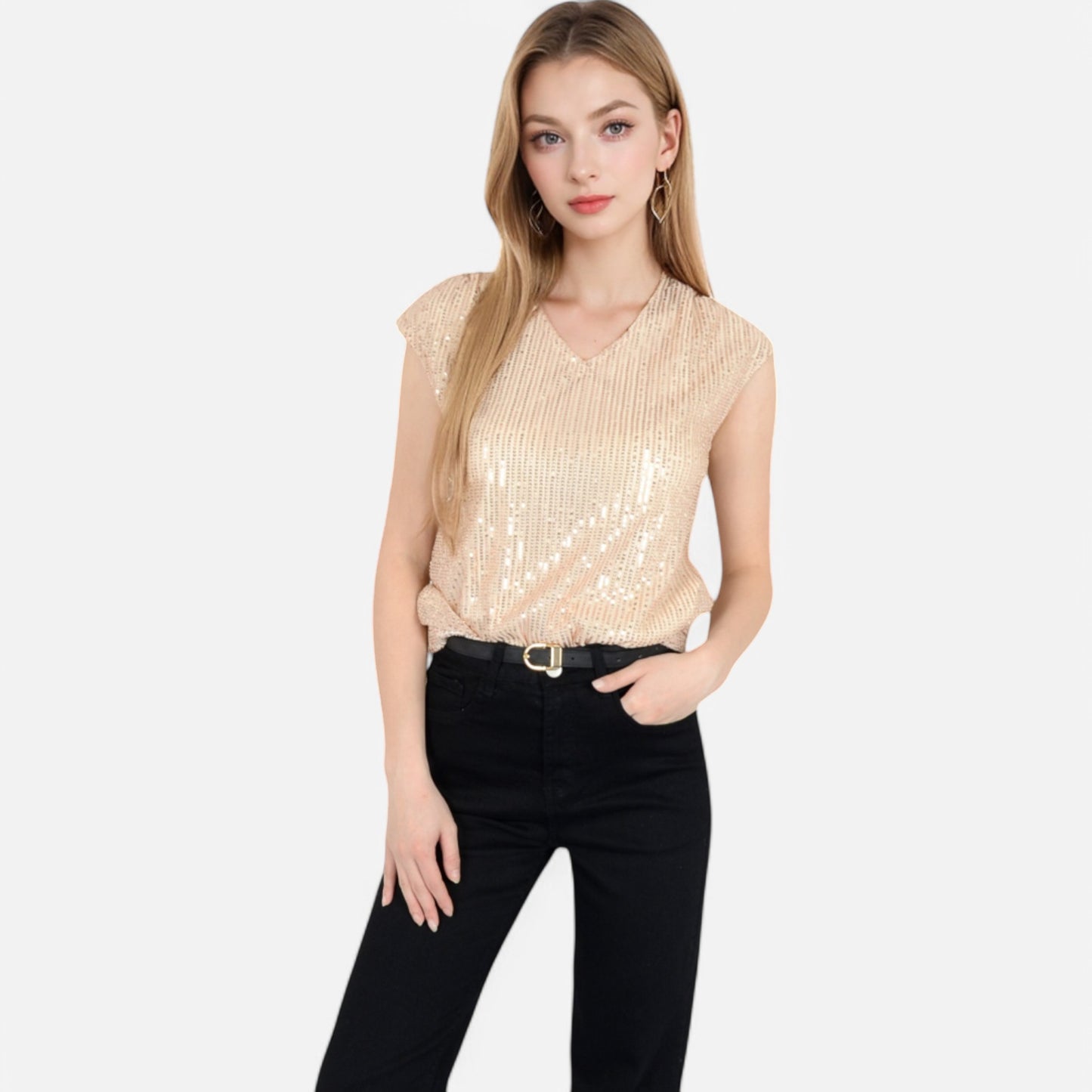 Sequin V-Neck Top with Cap Sleeves and Relaxed Fit
