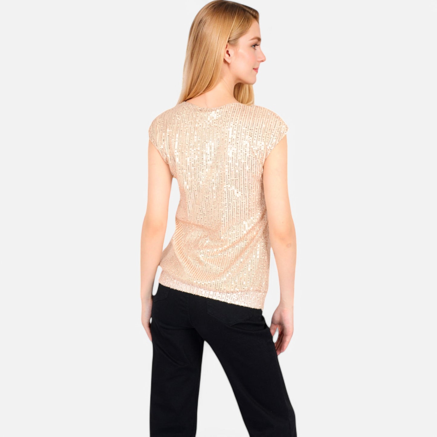 Sequin V-Neck Top with Cap Sleeves and Relaxed Fit