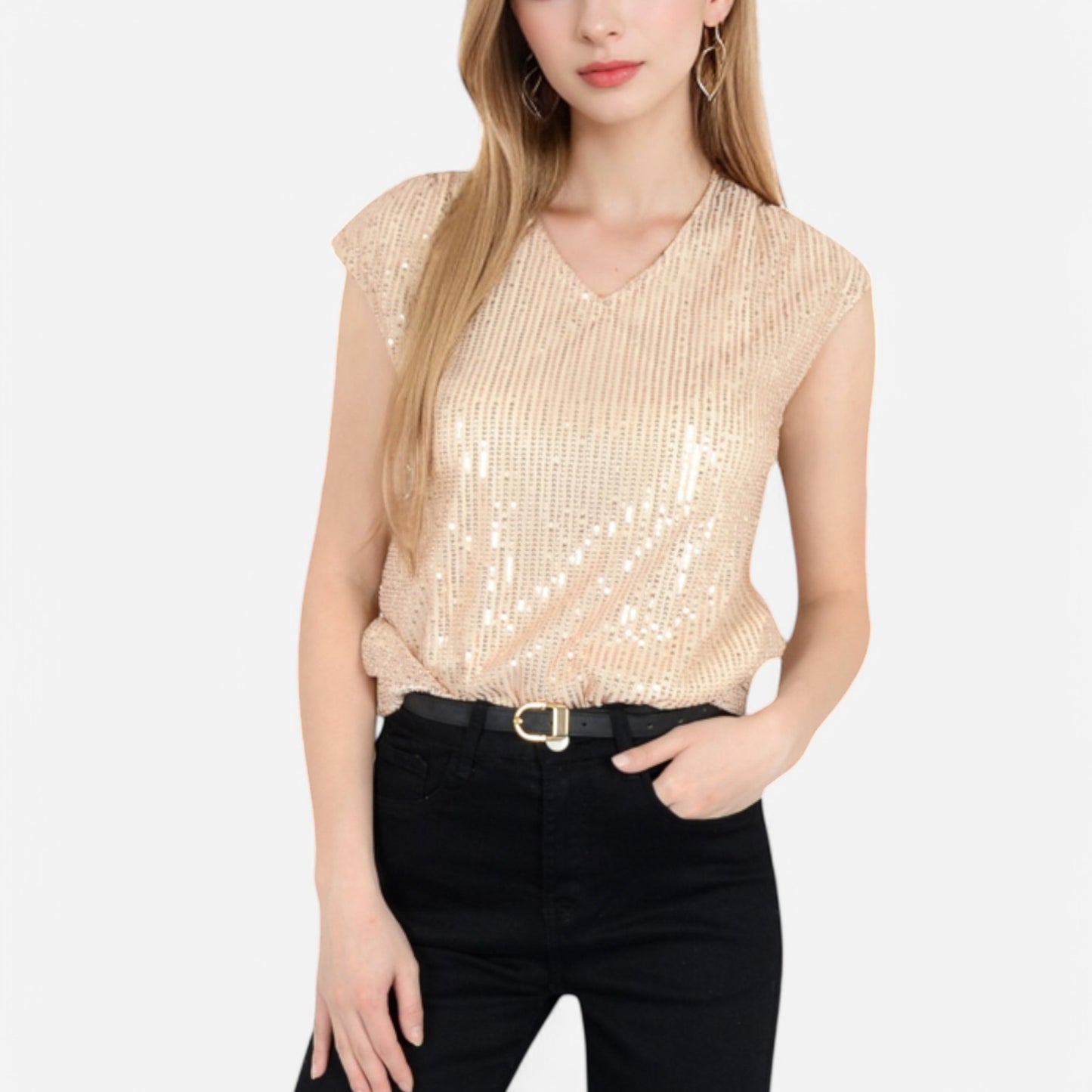 Sequin V-Neck Top with Cap Sleeves and Relaxed Fit