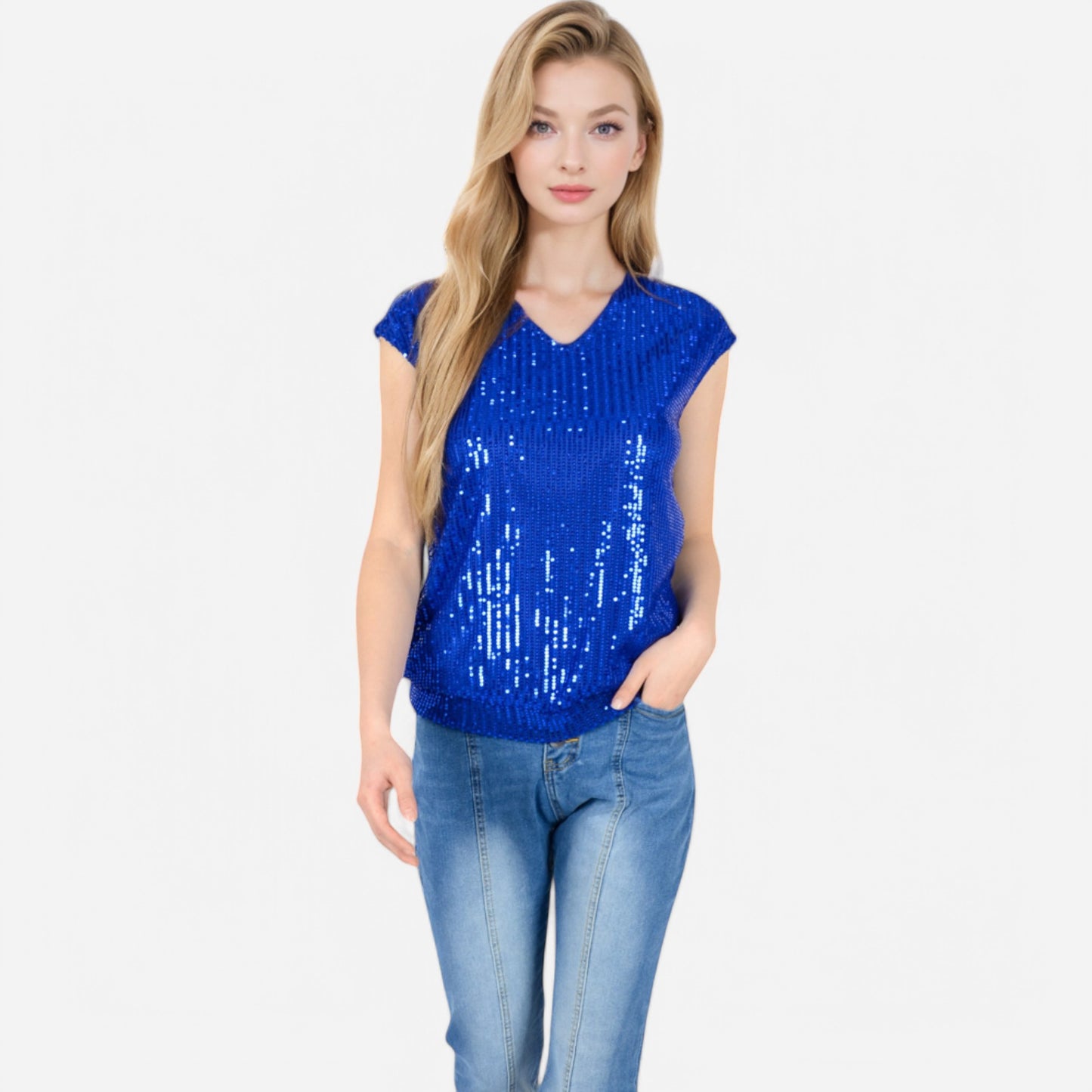Sequin V-Neck Top with Cap Sleeves and Relaxed Fit