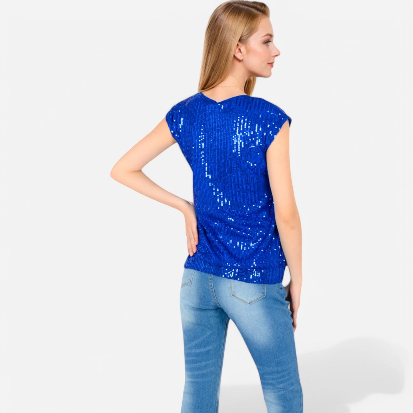 Sequin V-Neck Top with Cap Sleeves and Relaxed Fit