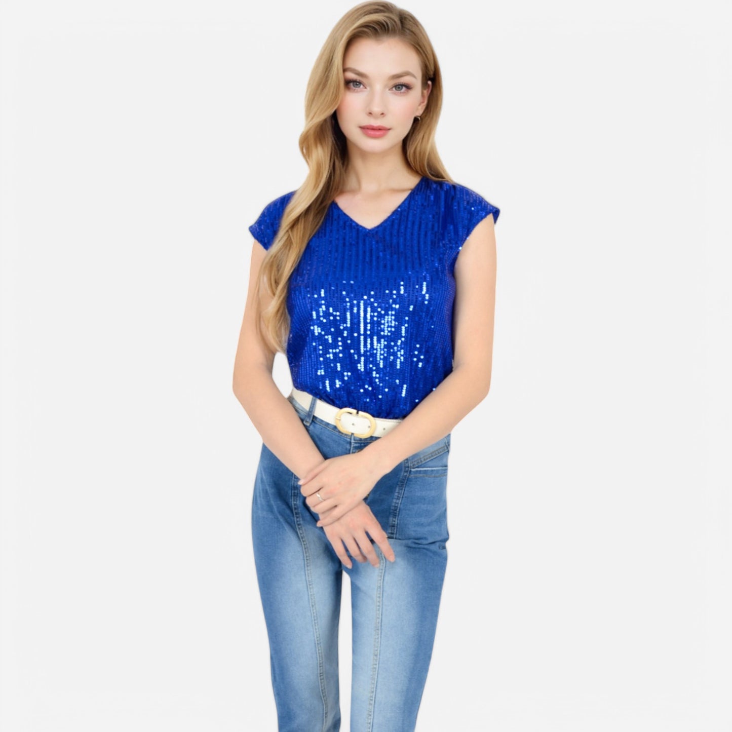 Sequin V-Neck Top with Cap Sleeves and Relaxed Fit