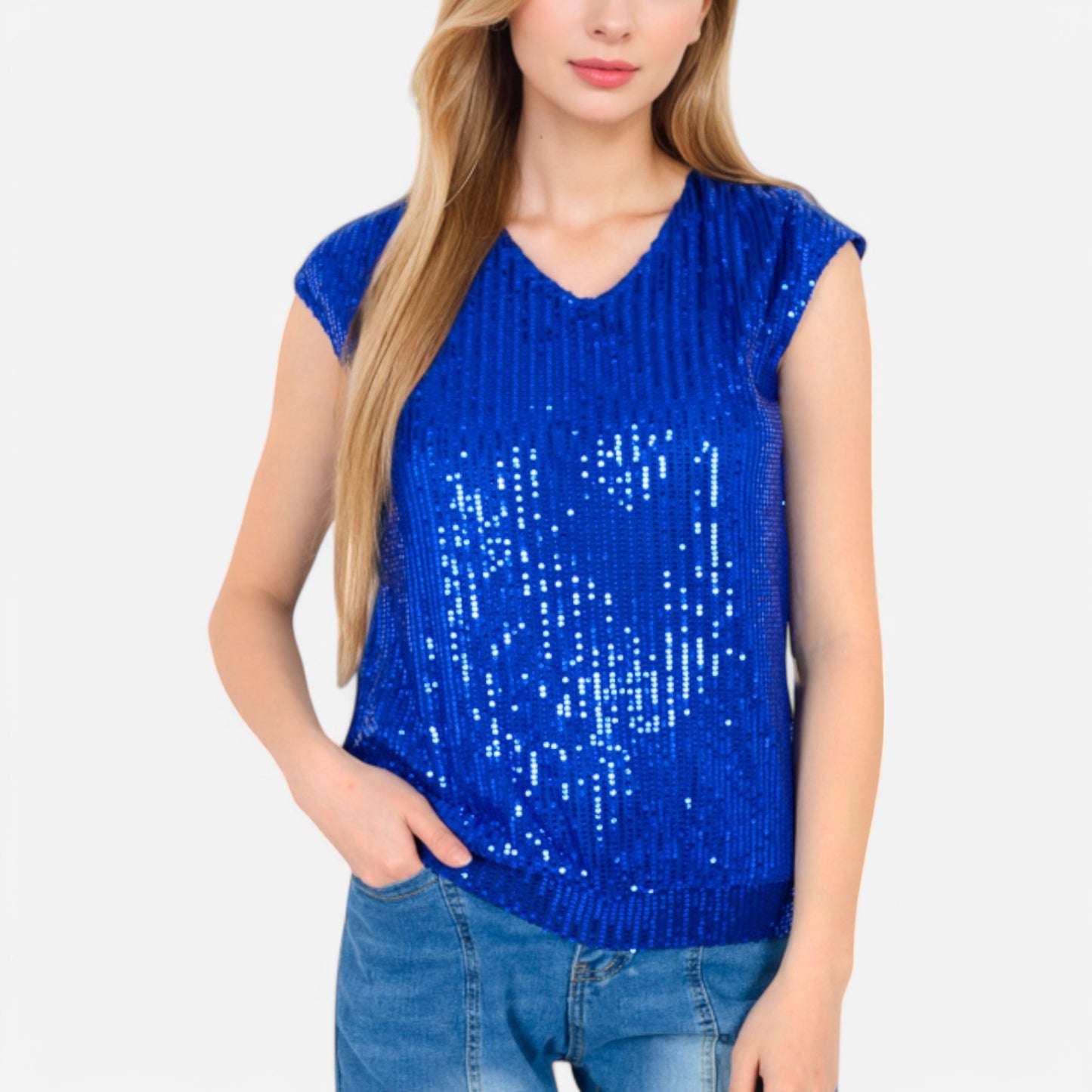 Sequin V-Neck Top with Cap Sleeves and Relaxed Fit
