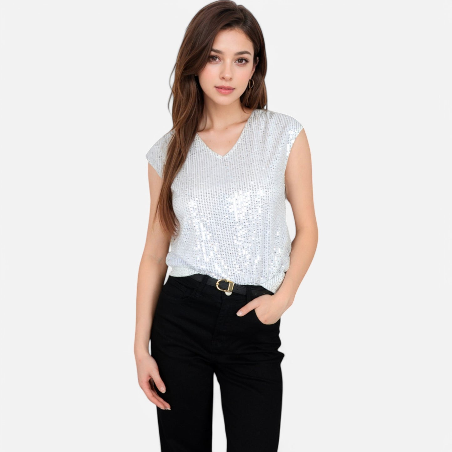 Sequin V-Neck Top with Cap Sleeves and Relaxed Fit