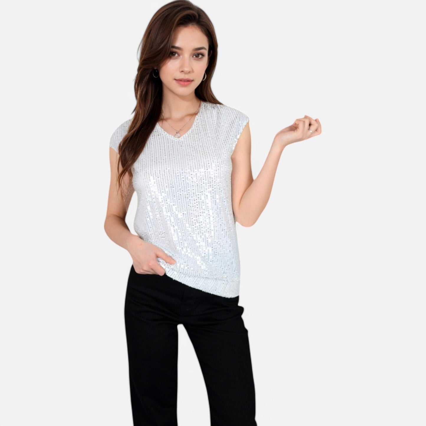 Sequin V-Neck Top with Cap Sleeves and Relaxed Fit