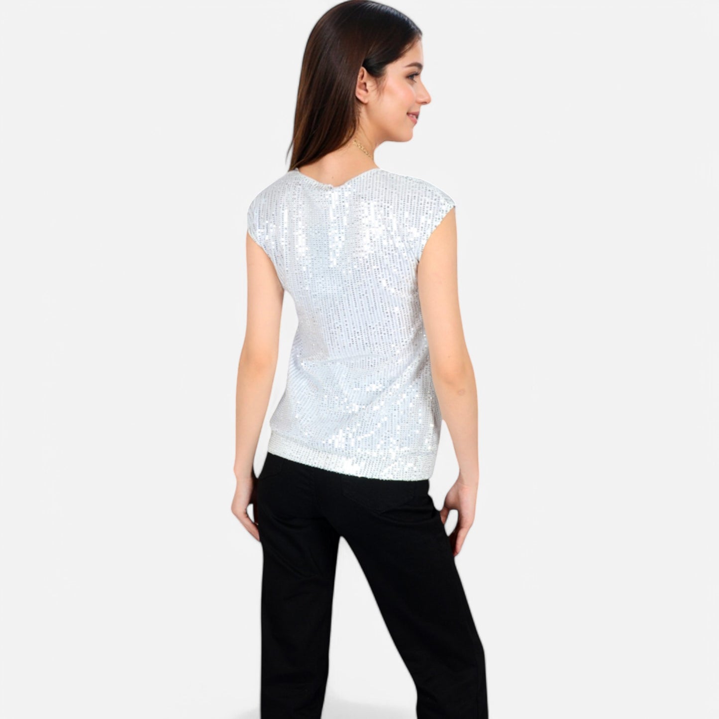 Sequin V-Neck Top with Cap Sleeves and Relaxed Fit