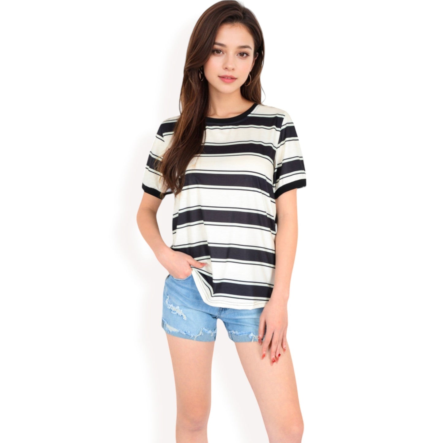 Short Sleeve Striped Casual Tee with Contrast Trim