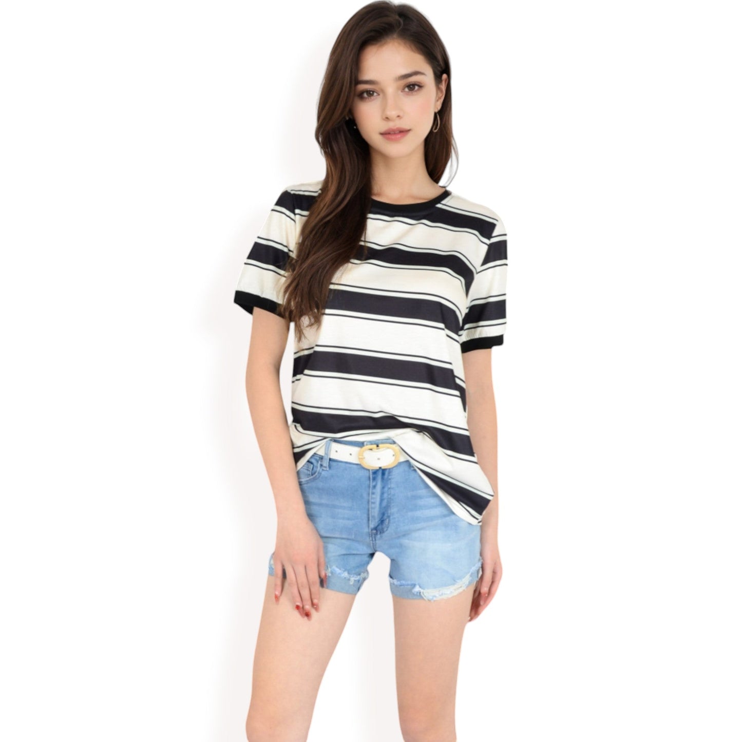 Short Sleeve Striped Casual Tee with Contrast Trim
