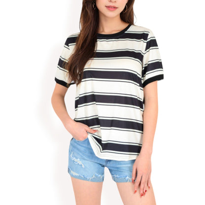 Short Sleeve Striped Casual Tee with Contrast Trim