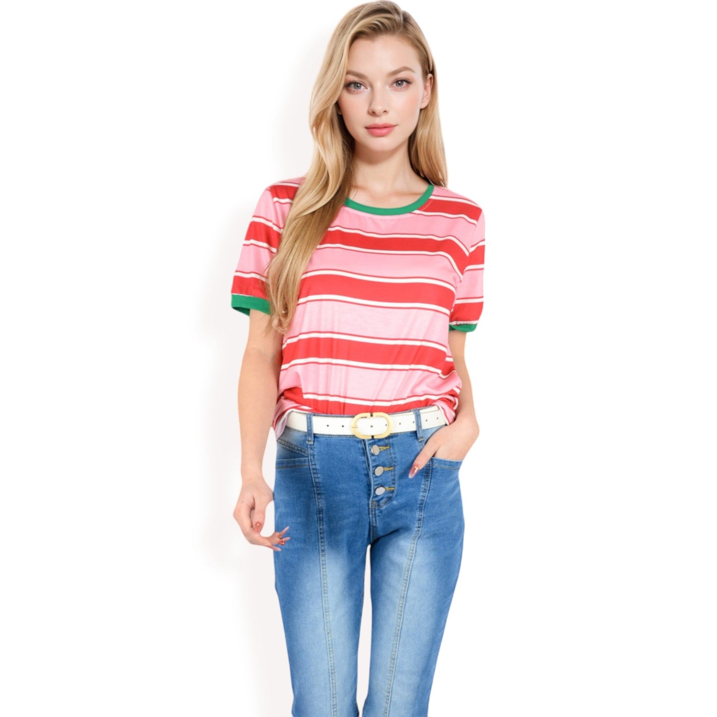 Short Sleeve Striped Casual Tee with Contrast Trim