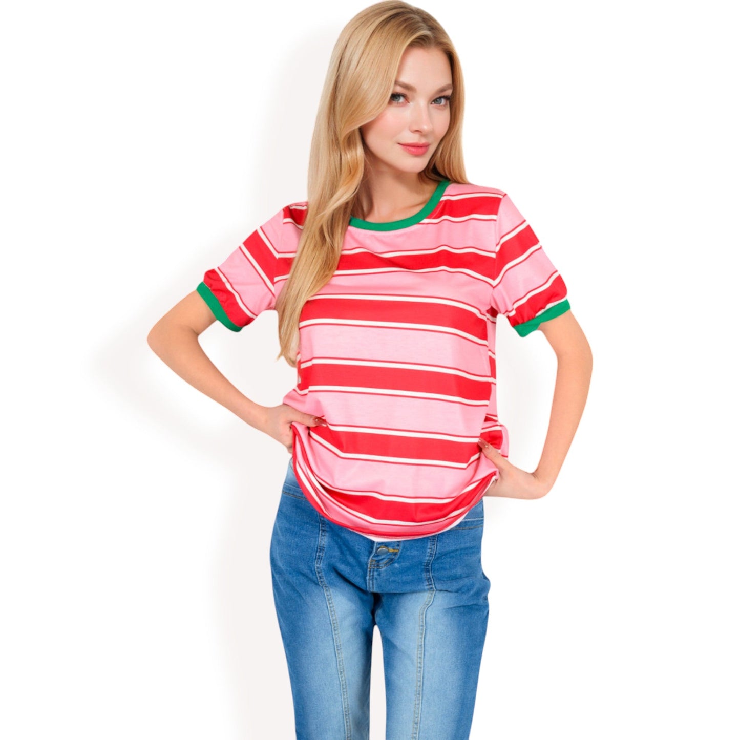 Short Sleeve Striped Casual Tee with Contrast Trim