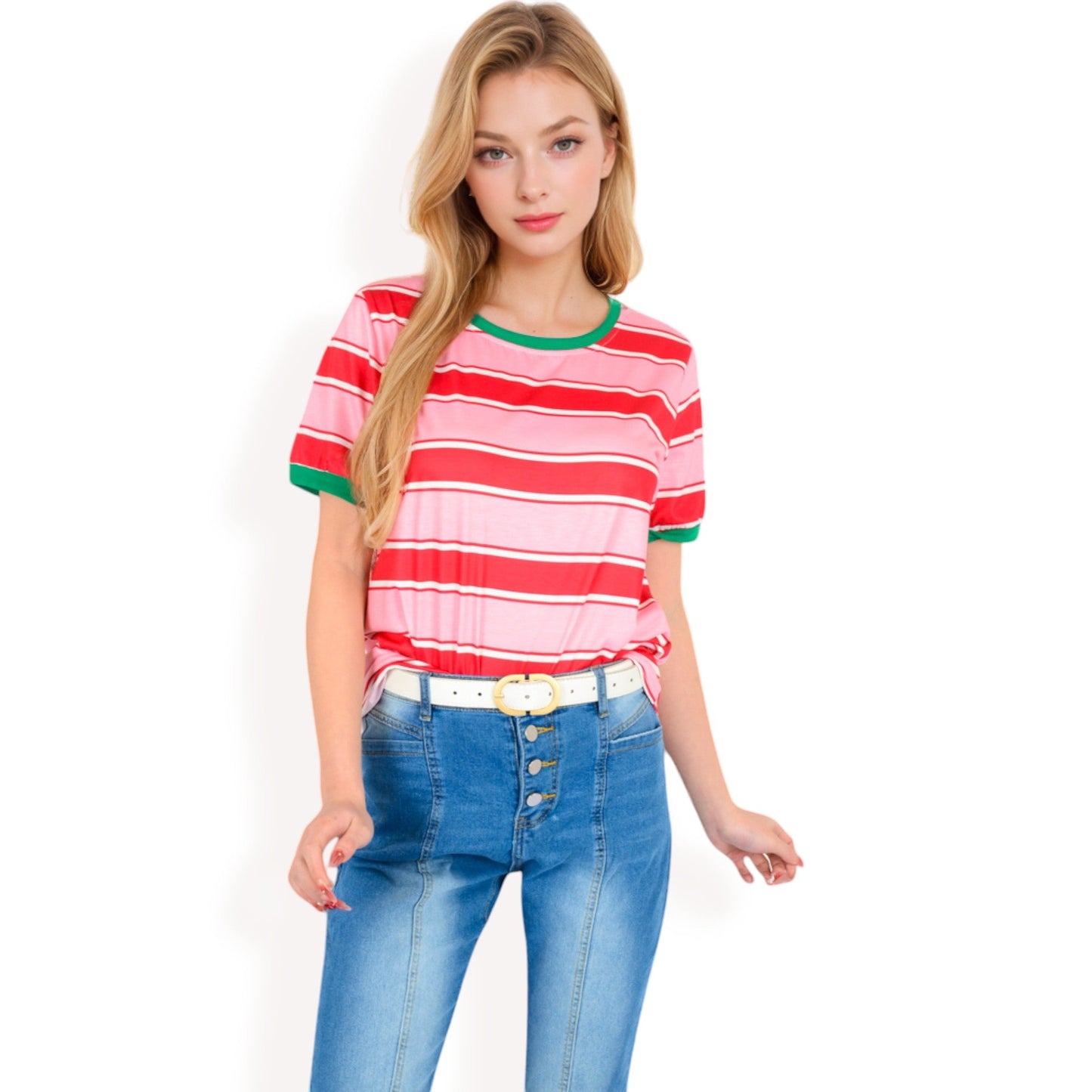 Short Sleeve Striped Casual Tee with Contrast Trim