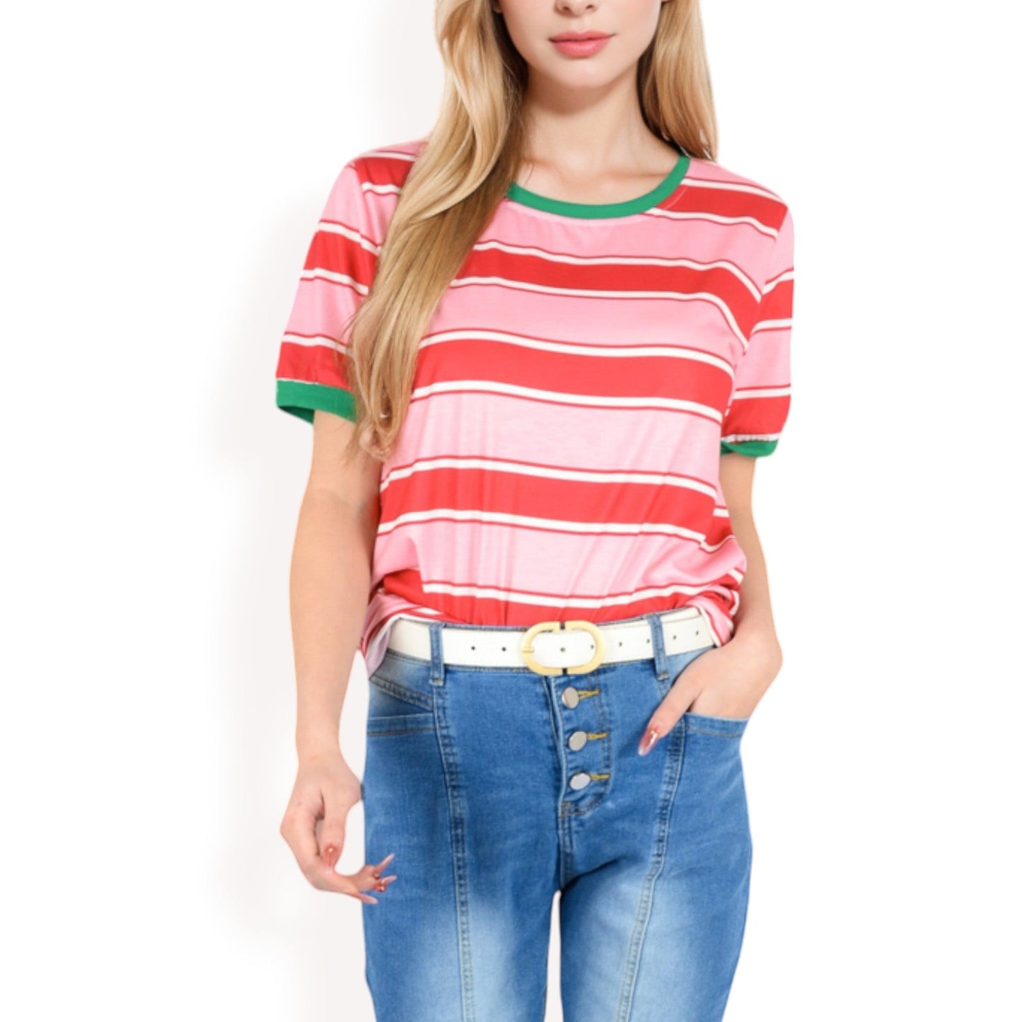 Short Sleeve Striped Casual Tee with Contrast Trim