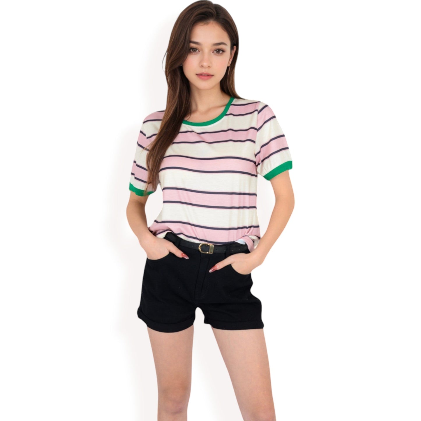 Short Sleeve Striped Casual Tee with Contrast Trim