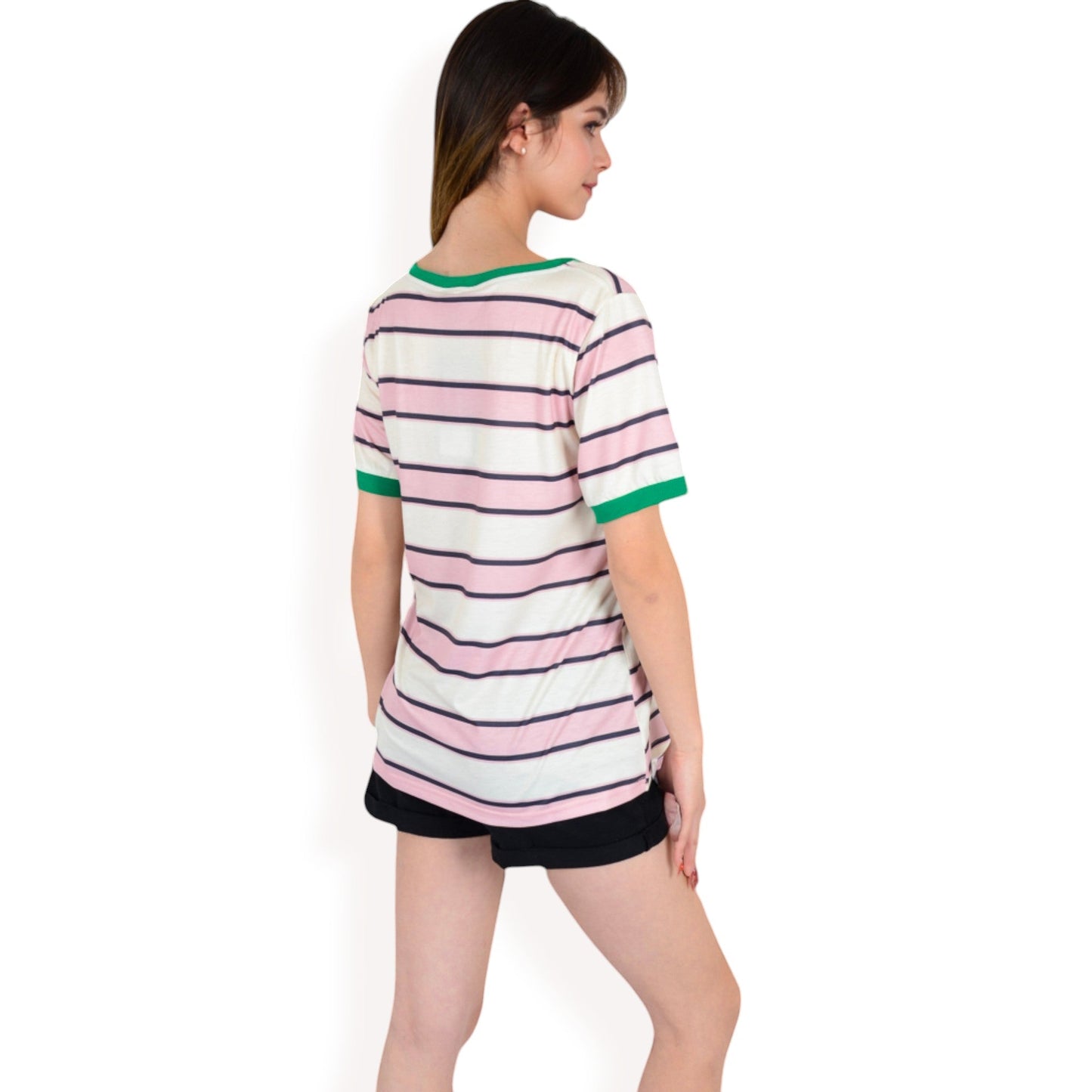 Short Sleeve Striped Casual Tee with Contrast Trim