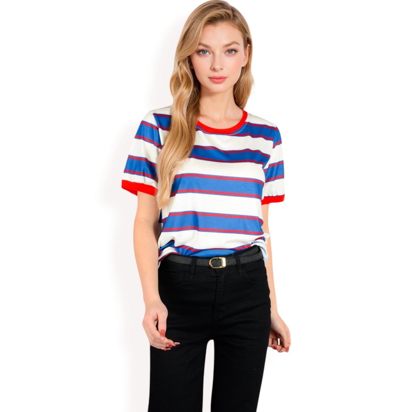 Short Sleeve Striped Casual Tee with Contrast Trim